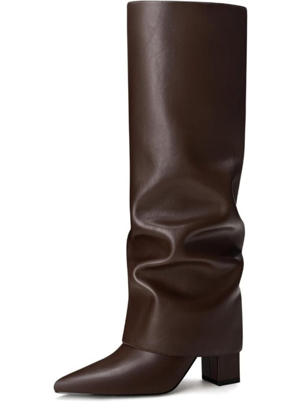 Women's Dark Brown Knee High Boots Fold Over Chunky Heel Pointed Toe Boots